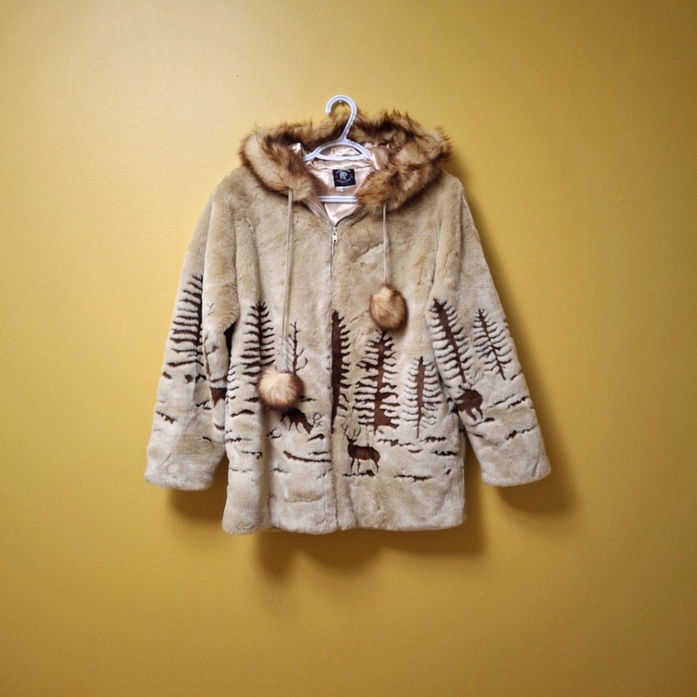 Northern Lifestyle Faux Fur Hooded Jacket Parka with Forest and Deer Landscape